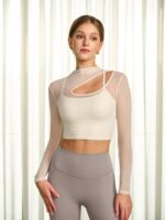Cream Mesh Cutout Long Sleeve Top--Light Support - Image 3