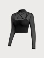Black Mesh Cutout Long Sleeve Top--Light Support - Image 7