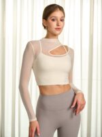 Cream Mesh Cutout Long Sleeve Top--Light Support - Image 4
