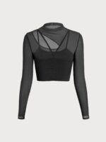 Black Mesh Cutout Long Sleeve Top--Light Support - Image 8