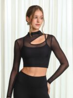 Black Mesh Cutout Long Sleeve Top--Light Support - Image 3