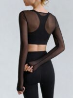 Black Mesh Ruched Crop Long Sleeve Top - Image 3