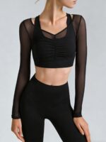 Black Mesh Ruched Crop Long Sleeve Top - Image 2
