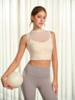 Cream Mesh Panel Mock Neck Tank Top