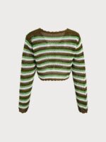 Green Striped V-Neck Crochet Cover-Up - Image 7