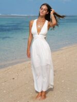 White V Neck Plaeted Beach Dress - Image 12