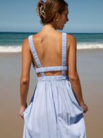 Pale Blue Smocked Strap Cutout Waist Beach Dress - Image 2