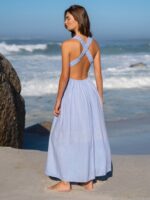Light Blue V Neck Plaeted Beach Dress - Image 2