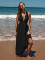 Black V Neck Plaeted Beach Dress - Image 3