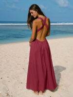 Wine Red V Neck Plaeted Beach Dress - Image 8