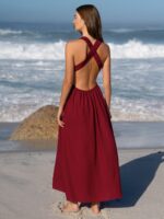 Wine Red V Neck Plaeted Beach Dress - Image 2