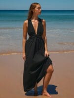 Black V Neck Plaeted Beach Dress