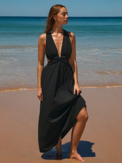 Black V Neck Plaeted Beach Dress