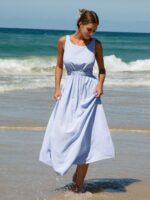 Pale Blue Smocked Strap Cutout Waist Beach Dress - Image 3